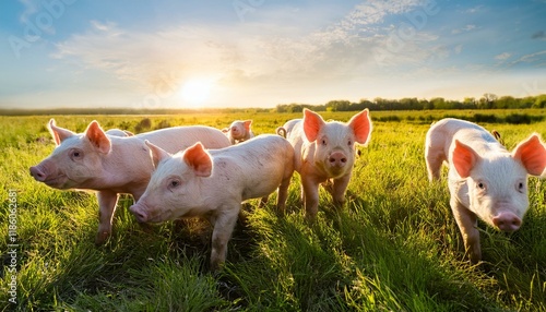Flock of pigs in a green meadow on a sunny day. Free range pig farming. The concept of ecological and organic food. Natural healthy food and organic farming concept. animal