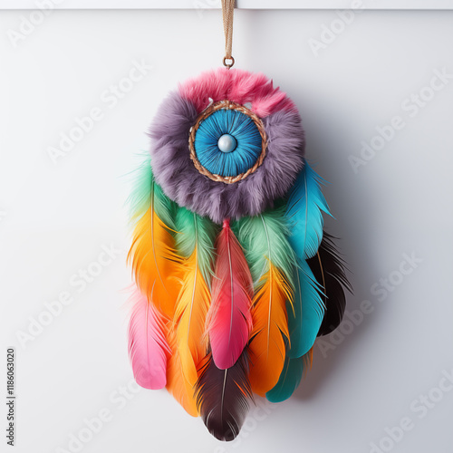 rainbow dream catcher with feathers hanging wall art decoration, colorful feathers and rainbow colors, product photo on grey background photo