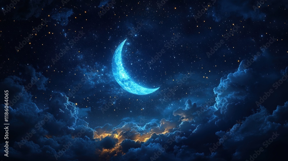 Fototapeta premium Crescent moon shining brightly in a night sky filled with stars and clouds.