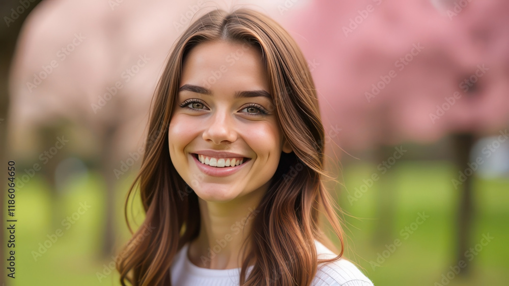 A beautiful, cheerful, happy young woman with long dark curly hair in a spring blooming park. The banner. A beautiful, cheerful, happy young woman with long dark curly hair in a spring blooming park. The banner.