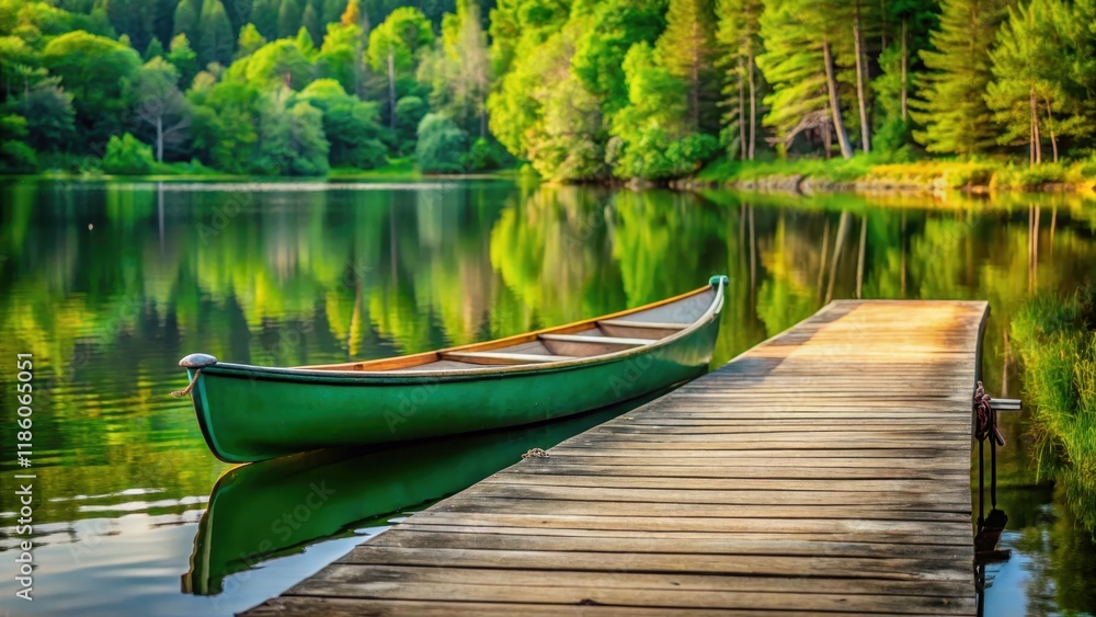 A serene green canoe is tied to a wooden dock with a rope, surrounded by lush greenery and calm water reflections , river A serene green canoe is tied to a wooden dock with a rope, surrounded by lush greenery and calm water reflections , river