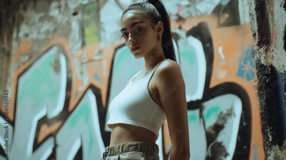 Fototapeta premium A Woman Standing in Front of a Graffiti Covered Wall - Generative AI