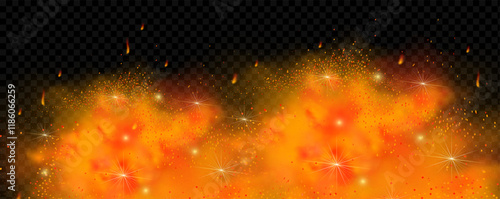 Orange magic fog. Yellow smoke with glowing particles. Colored powder with explosion effect.