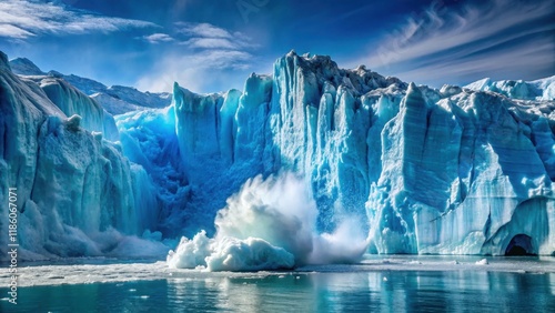 Glacial calving event under the ocean surface, resulting in a massive iceberg breaking off and sinking slowly into the dark blue water, floating debris, seawater photo