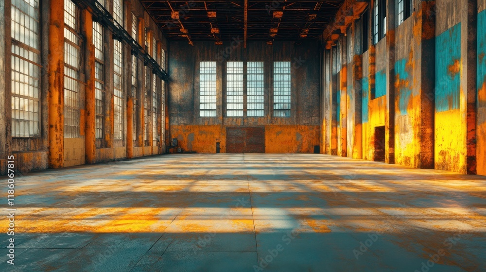 A spacious, sunlit industrial interior with large windows, showcasing vibrant textures and colors on the walls. A spacious, sunlit industrial interior with large windows, showcasing vibrant textures and colors on the walls.