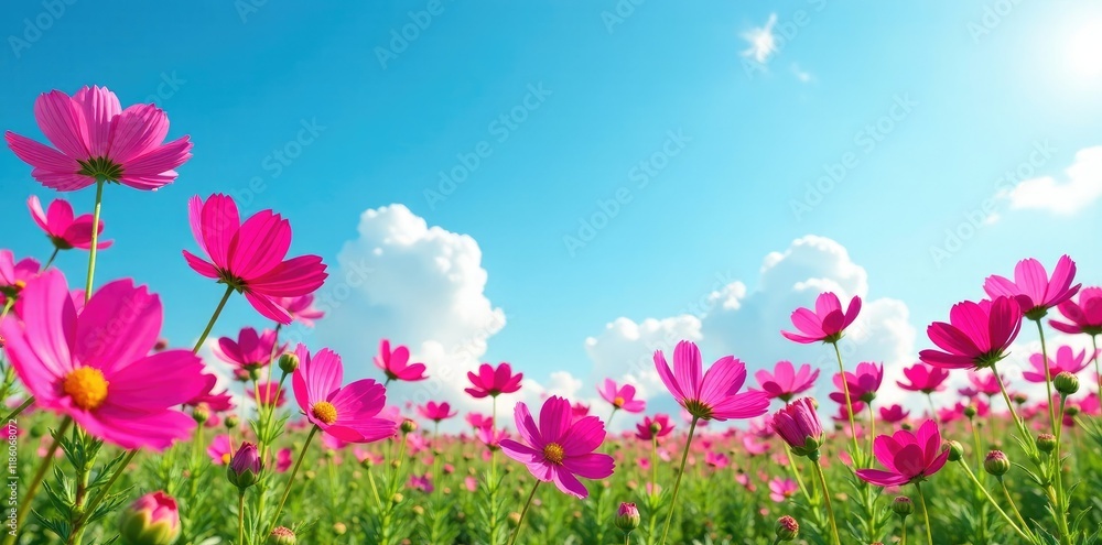 A field of cosmos flowers against a bright blue sky, natural, flowers A field of cosmos flowers against a bright blue sky, natural, flowers