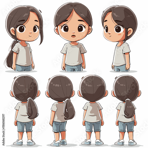 Girl with a ponytail is shown in a series of drawings. The drawings are of different angles and positions, with the girl looking at the camera. The mood of the drawings is playful and lighthearted
