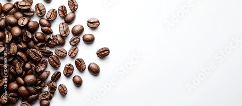 roasted coffee beans on white wide depth of field captured with tilt shift lens. with copy space image. Place for adding text or design photo