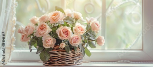 A woven basket holds a bouq...