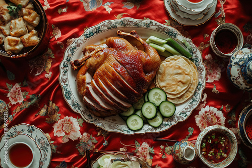 Luxurious Peking Duck Presentation with Polished Aesthetic and Minimalist Elegance photo