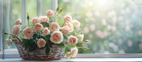 A woven basket holds a bouq...