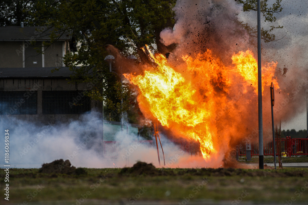 Fire and smoke during the explosion outside. Fire and smoke during the explosion outside.