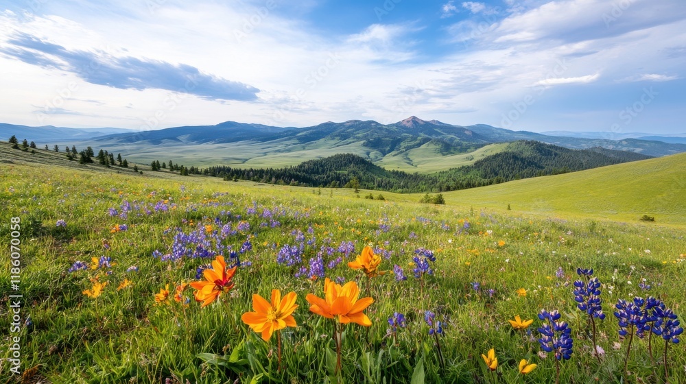 Fototapeta premium A vibrant landscape featuring colorful wildflowers in the foreground, rolling green hills, and a blue sky with scattered clouds in the background.