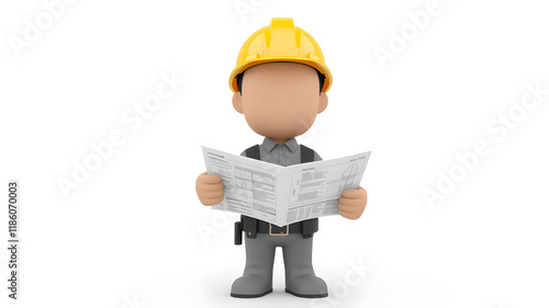 Fototapeta Naklejka Na Ścianę i Meble -  Faceless Cartoon Construction Worker wear grey suit reading constuction plan. Generic light brown 3d Cartoon Figure Wearing Yellow Hard Hat grey suit on white background. Generative AI