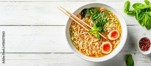 Tasty ramen in a bowl with ...
