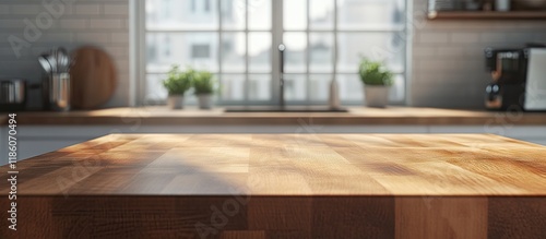 Wood table top set against ...