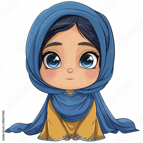 Beautiful Muslim girl in a blue hijab. Vector cartoon illustration.