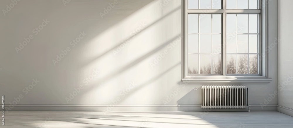 Obraz premium Plastic window and radiator on a white wall in a bright empty room at home. with copy space image. Place for adding text or design