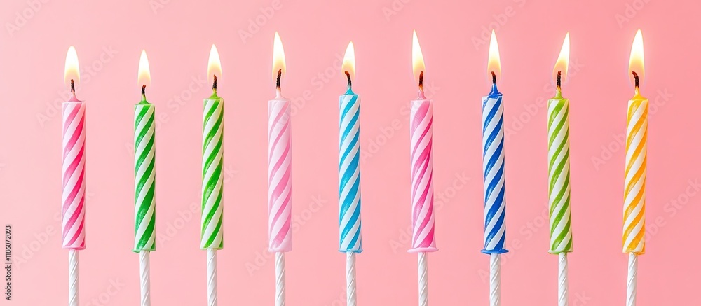 A variety of colored birthday candles and striped straws for a cocktail on a pink backdrop. with copy space image. Place for adding text or design A variety of colored birthday candles and striped straws for a cocktail on a pink backdrop. with copy space image. Place for adding text or design