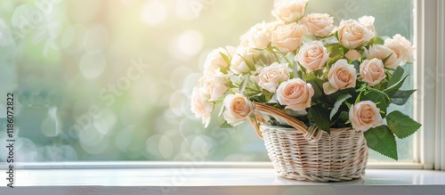 A woven basket holds a bouq...