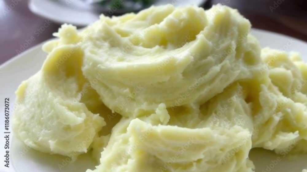Close-up melted butter velvety folds spoon lifts creamy bite steam rises or Mashed butter close-up spoon Close-up melted butter velvety folds spoon lifts creamy bite steam rises or Mashed butter close-up spoon