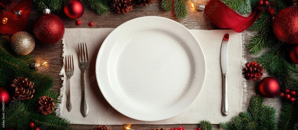 Traditional Christmas table setting featuring an empty white plate linen napkin cutlery and festive decorations New Year s background and holiday theme Flat lay top view with copyspace Traditional Christmas table setting featuring an empty white plate linen napkin cutlery and festive decorations New Year s background and holiday theme Flat lay top view with copyspace