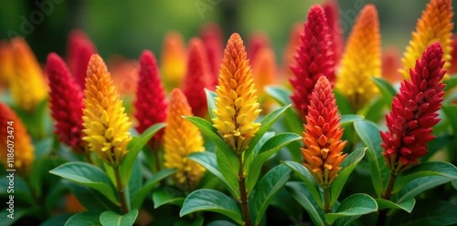Celosia pinnate red yellow foliage autumn leaves, greenery, leaves