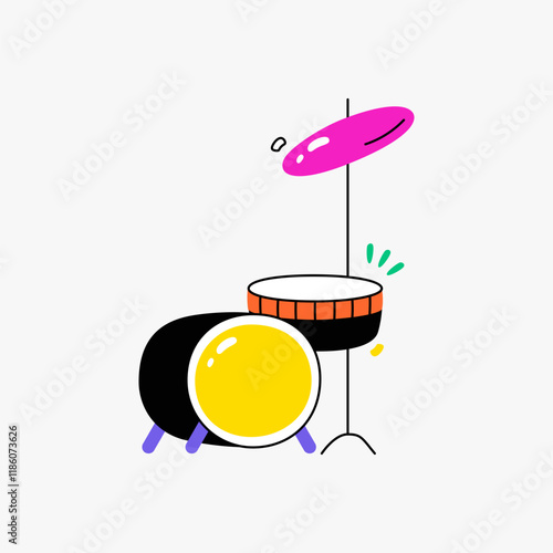 Drum set with cymbal in flat vector illustration symbolizing music, rhythm, and celebration, isolated on white background