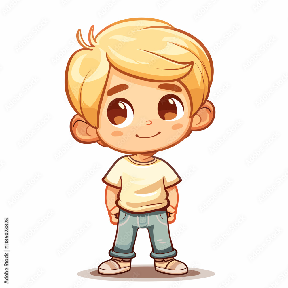 Cute cartoon boy standing and smiling. Vector illustration isolated on white background Cute cartoon boy standing and smiling. Vector illustration isolated on white background