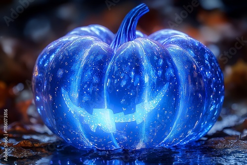 A glowing blue pumpkin with a Halloween theme on a dark background, designed for video animation and motion graphics, featured on a black screen as a glowing line art illustration photo