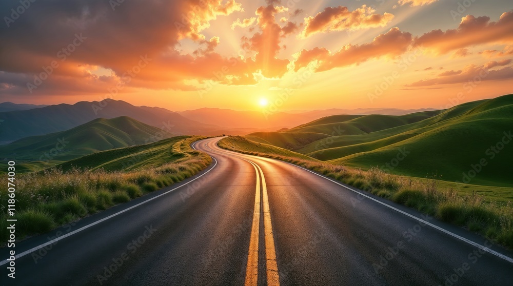 Fototapeta premium Scenic Road at Sunset Leading Through Lush Green Hills and Orange Sky