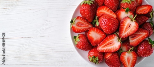 Sliced strawberries on a wh...