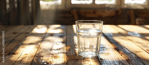 A wooden table with sunligh...