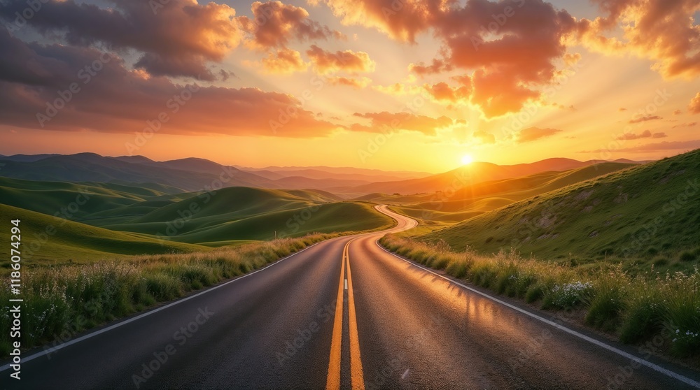 Naklejka premium Scenic Sunset Road Winding Through Lush Green Hills and Vibrant Open Landscape