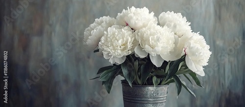 Fototapeta Naklejka Na Ścianę i Meble -  White Odile peonies in a metal vase Gorgeous peony flower for a catalog or online store Floral shop idea Stunning fresh cut bouquet Flower delivery Copy space