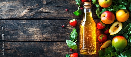 Obraz na płótnie Apple cider vinegar fruit juice wine soft drink and fermented diet food salad dressing in a glass bottle Wooden food backdrop with copy space Top view w salonie