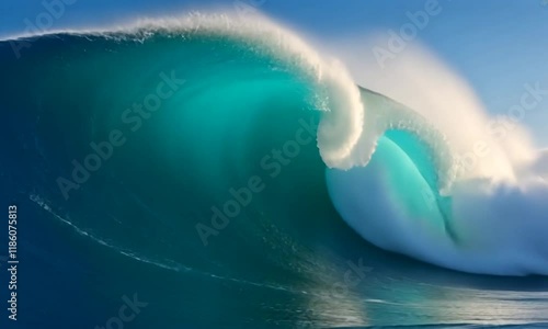 iant blue wave breaking and barreling with amazing spray in slow motion, the world's most perfect wave, enormous empty wave breaking photo