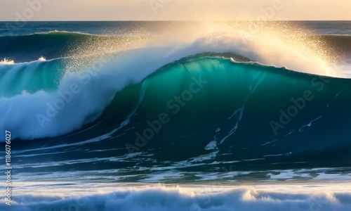 iant blue wave breaking and barreling with amazing spray in slow motion, the world's most perfect wave, enormous empty wave breaking photo