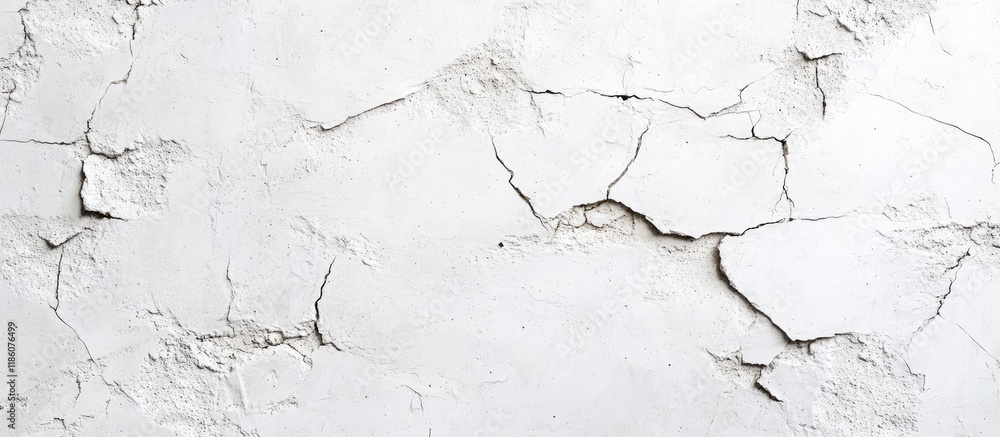 Fototapeta premium Surface texture of a white concrete wall featuring a cement pattern with cracks provides a background with copyspace viewed from a panoramic perspective