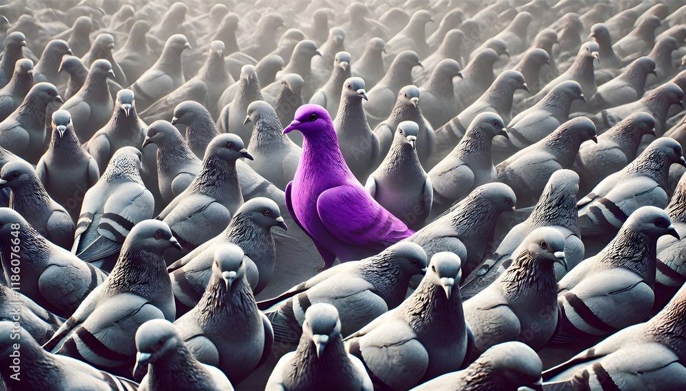 Fototapeta premium A purple pigeon alone among a crowd of grey pigeons, concept of standing out from the crowd as a leader, of being different and unique with its own identity and special skills among the others