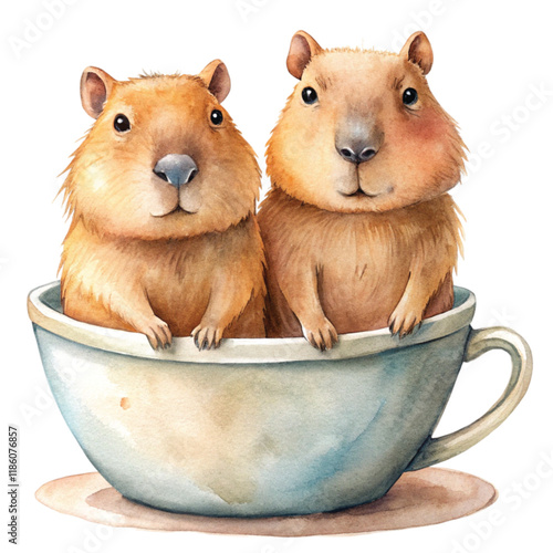 Two capybaras sit in a coffee cup. Valentine Day Clipart Watercolor