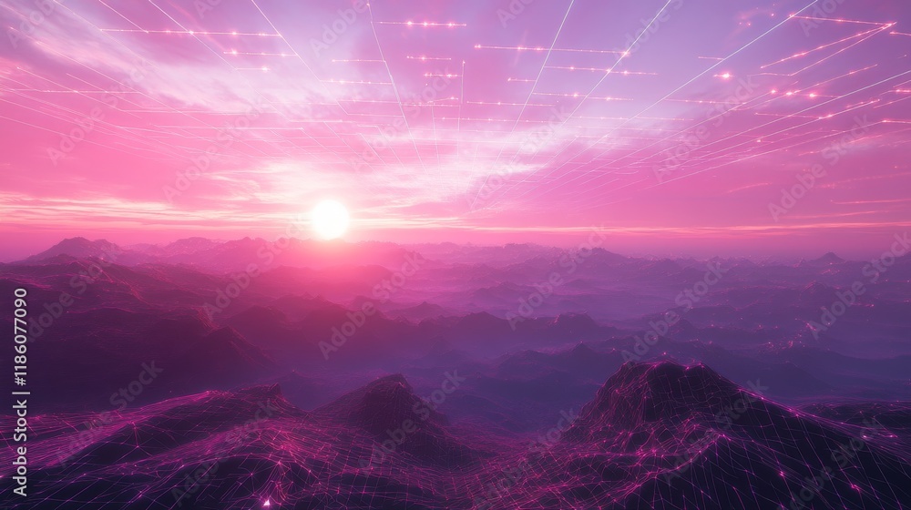 Cyberpunk grid landscape, endless wireframe terrain, glowing pink and purple horizon, perspective vanishing point, digital mountains, synthwave atmosphere, neon star constellations, geometric mesh Cyberpunk grid landscape, endless wireframe terrain, glowing pink and purple horizon, perspective vanishing point, digital mountains, synthwave atmosphere, neon star constellations, geometric mesh
