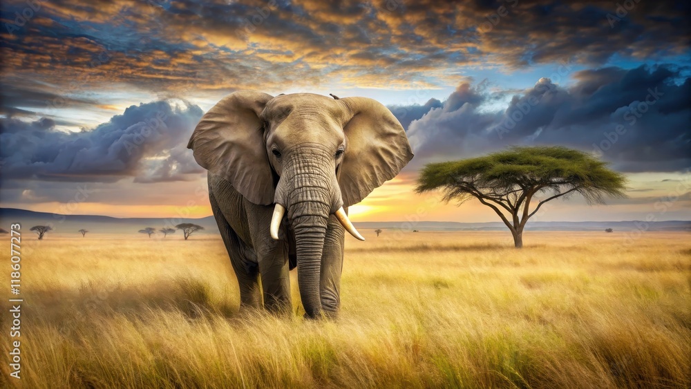 Fototapeta premium Majestic Elephant in Savanna Landscape,africa, africa, animal,elephant