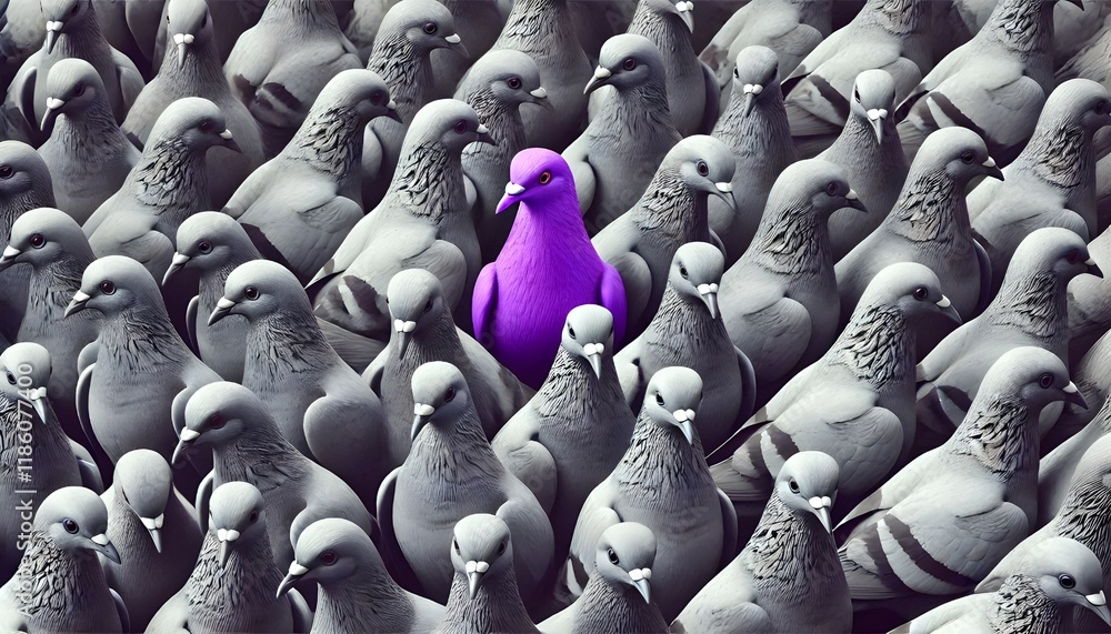 Obraz premium A purple pigeon alone among a crowd of grey pigeons, concept of standing out from the crowd as a leader, of being different and unique with its own identity and special skills among the others