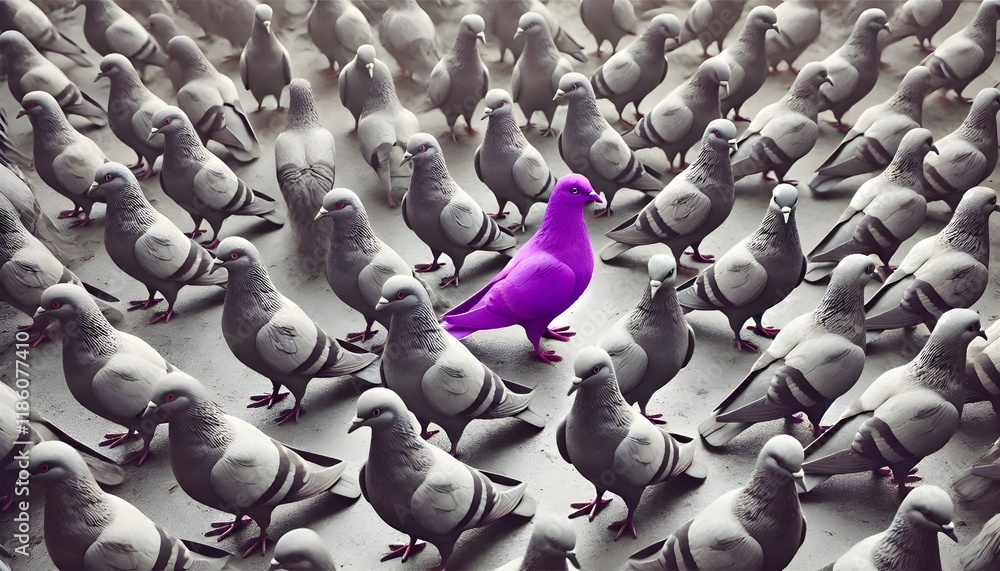 Fototapeta premium A purple pigeon alone among a crowd of grey pigeons, concept of standing out from the crowd as a leader, of being different and unique with its own identity and special skills among the others