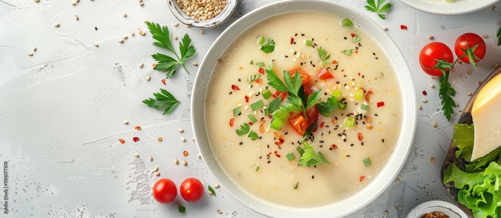 Cheese soup topped with sesame seeds herbs and vegetables served on a beautifully arranged table. with copy space image. Place for adding text or design Cheese soup topped with sesame seeds herbs and vegetables served on a beautifully arranged table. with copy space image. Place for adding text or design