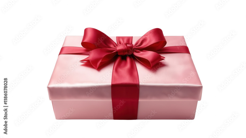 A pink gift box with a soft satin red ribbon, tied in a perfect bow A pink gift box with a soft satin red ribbon, tied in a perfect bow