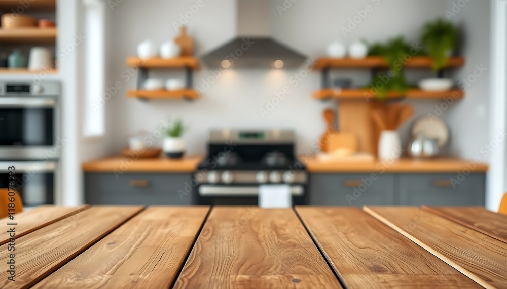 Rustic Kitchen Tabletop Warm Wooden Surface, Blurred Farmhouse Background Rustic Kitchen Tabletop Warm Wooden Surface, Blurred Farmhouse Background