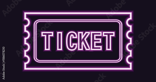 Big simple ticket for social networks in neon light style on dark background.  Raffle ticket for cinema, movie, party or other event.
