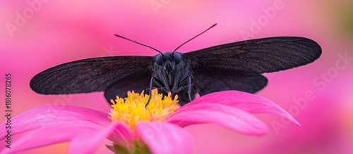 Black Moth Odezia atrata resting on a pink flower. with copy space image. Place for adding text or design photo